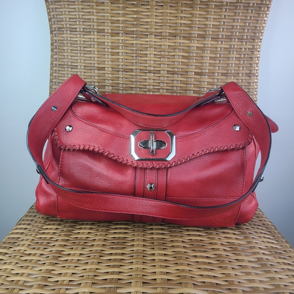 Oryany Red Pebbled Leather Shoulder Bag Satchel Purse Handbag Stud Accent - Picture 3 of 16